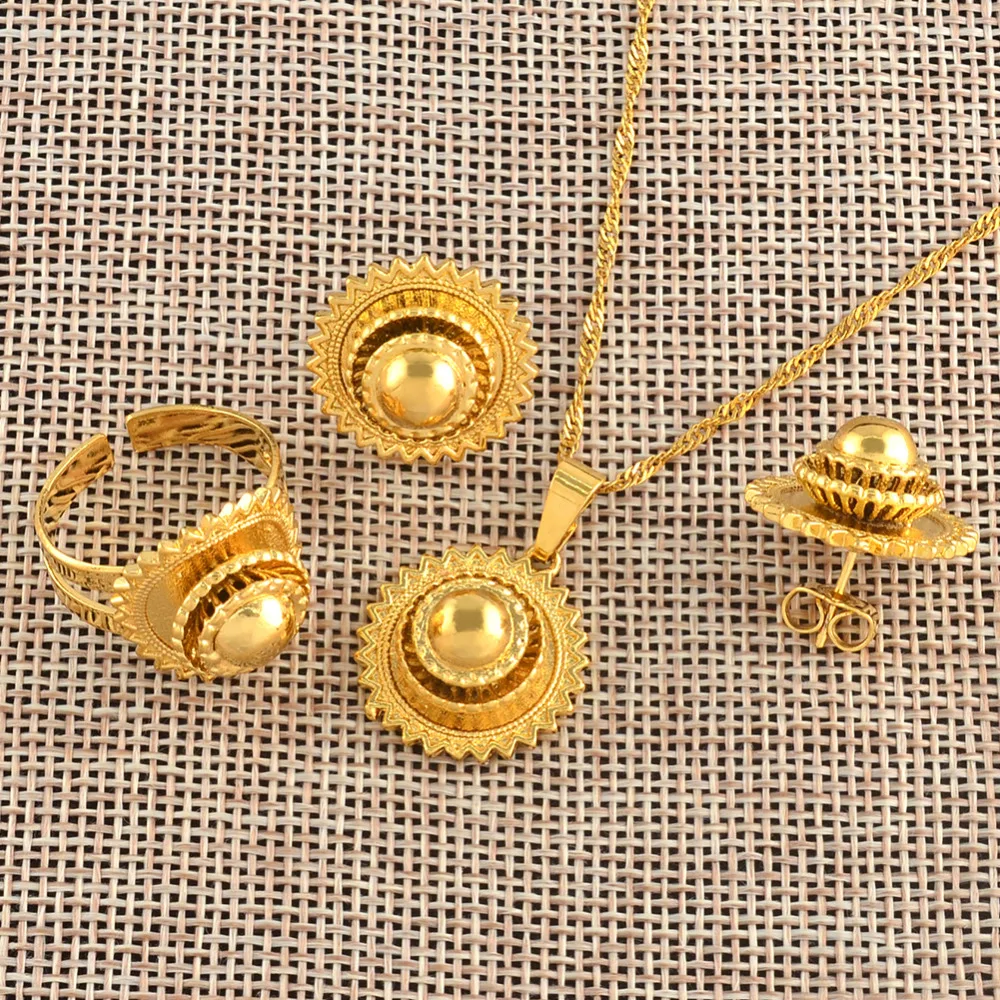 Anniyo Ethiopian Small set Jewelry Necklace Earrings Ring Gold Color African Bridal sets Habesha Eritrea Wedding Sudan #045306