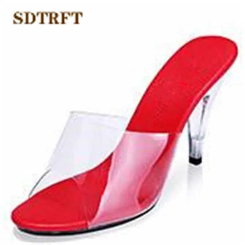 SDTRFT Summer Flip Flops Open Toe Crystal Sandals 10cm Thin Heels Wedding Woman Casual Shoes Crossdresser Pumps PVC Slippers