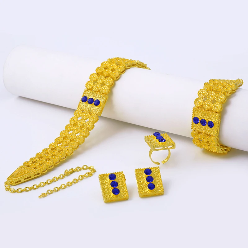 Ethlyn New Big Wide Ethiopian Eritrean Jewelry Choker Sets  Gold Color Stone Jewelry Sets African Women Accessories S096