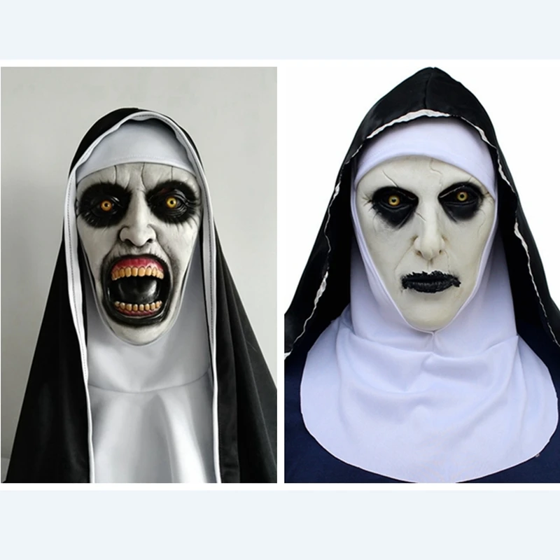 The Nun Horror Mask Cosplay Valak Scary Latex Masks Headscarf Veil Hood Full Face Devil Nun Helmet Costume Halloween Props