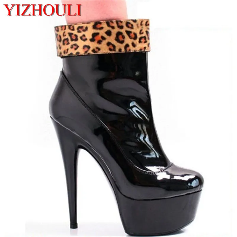 

Sexy leopard-print black patent leather seduced models with short boots, 15cm high heels and dancing shoes