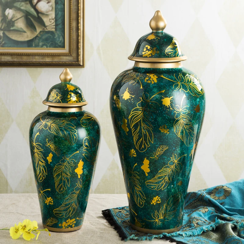 European Style Ceramic Floor Jar New Chinese Model Room Home Living Room Decorative Vase green with gold porcelain Temple jar