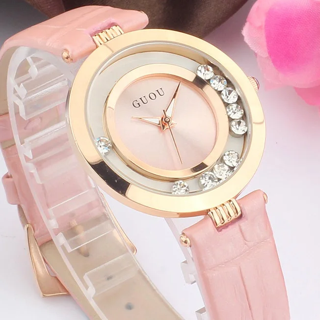 Fashion GUOU Brand Ladies Ultrathin Watches Luxury waterproof Genuine Leather Rhinestone Female Gift Quartz Lady Wristwatches