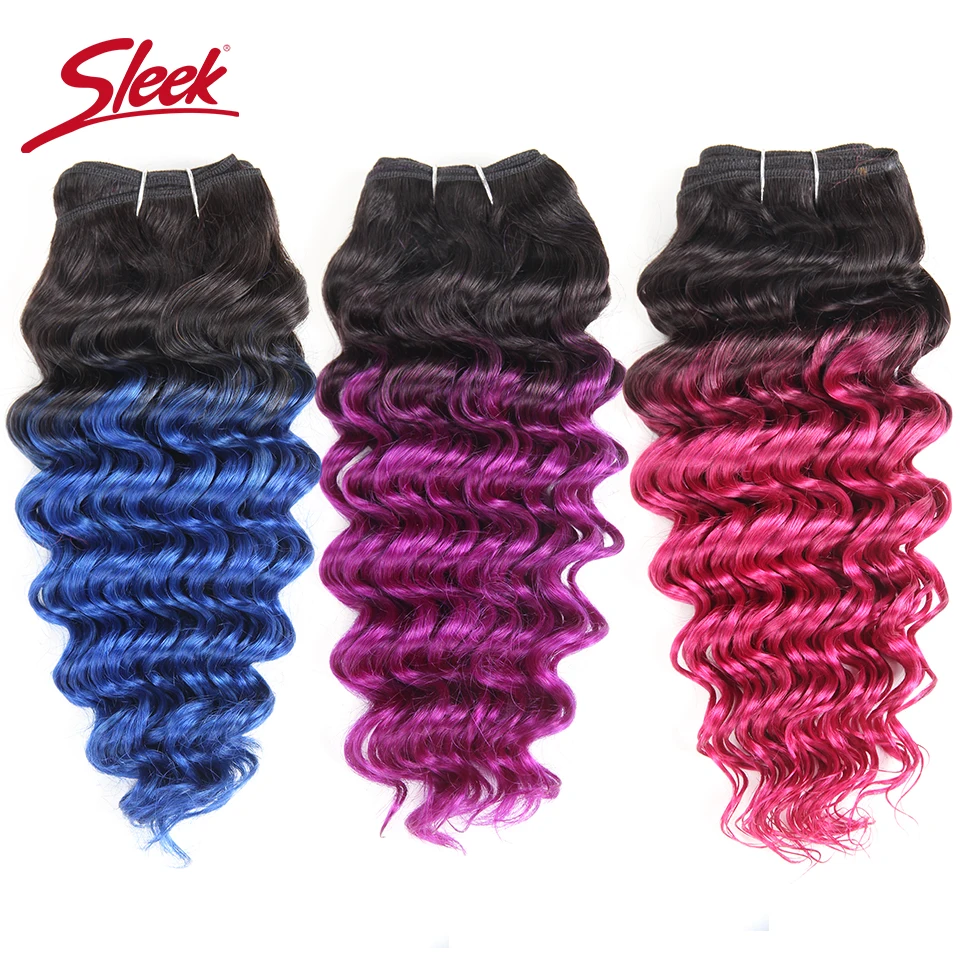 Sleek Ombre Brazilian Nature Deep Wave Bundles Human Hair Weave 1 Piece Deal #T1B Blue Pink Purple Remy Hair Weave 100 Grams