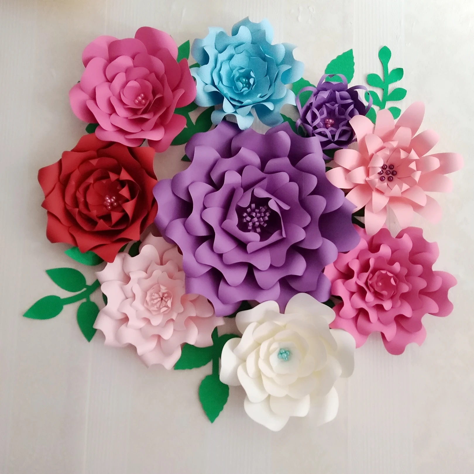 2018 Creative Giant Paper Flowers 9pcs + Leaves 8 pcs Half Made Kits with Tutorials Wedding Backdrop Baby Nursery Retails Store