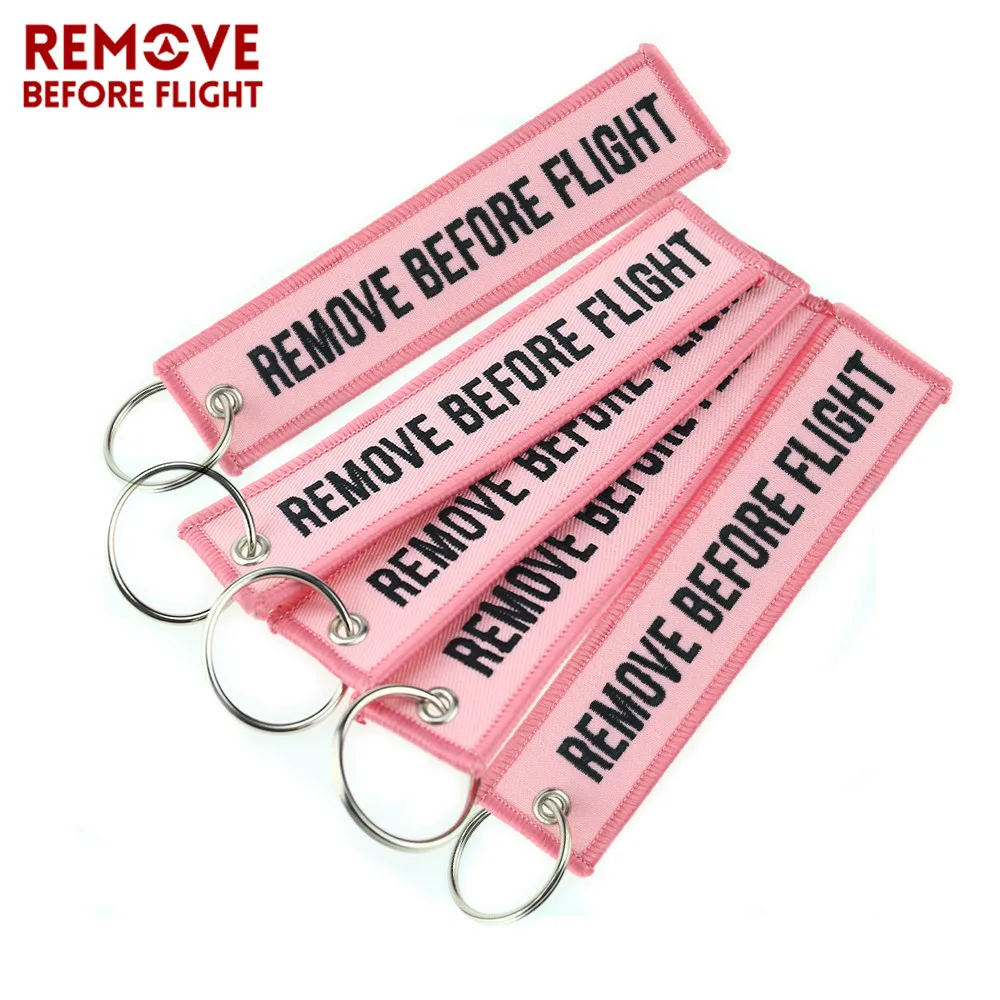 5PCS REMOVE BEFORE FLIGHT Key Chain Safety Tags for Cars Motorcycles Keyring Pink Embroidery Fashion Keychain Key Fob chaveiro