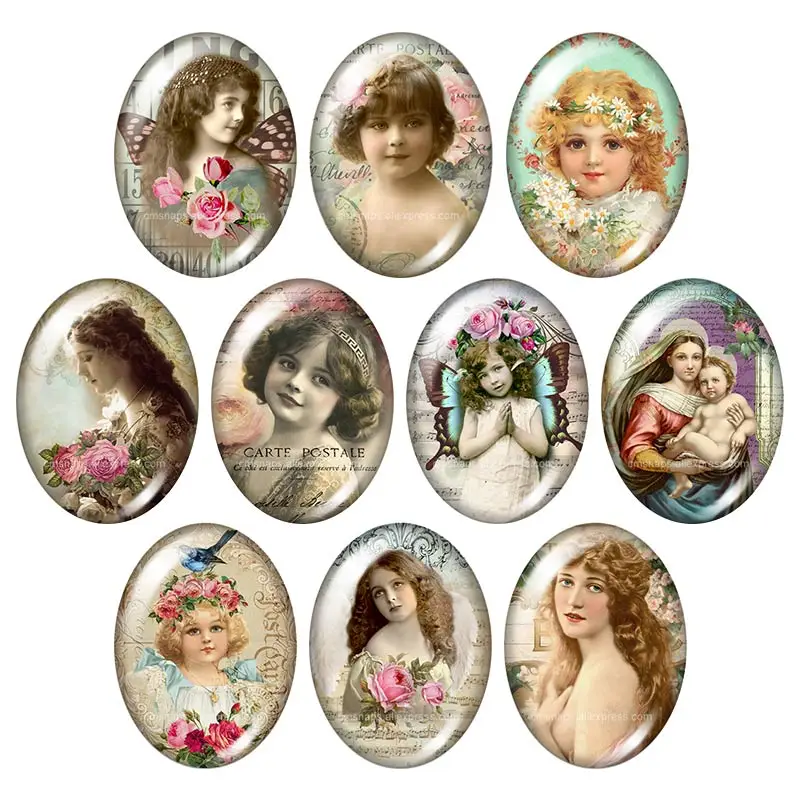 Vintage angel baby Virgin Mary 13x18mm/18x25mm/30x40mm mixed Oval photo glass cabochon demo flat back Jewelry findings TB0081