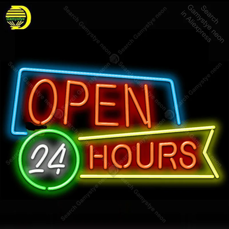 Open 24 Hours Neon Sign Glass Tube Handcraft neon light Sign Recreation Hotel Iconic Sign Beer Neon Light anuncio luminoso Art