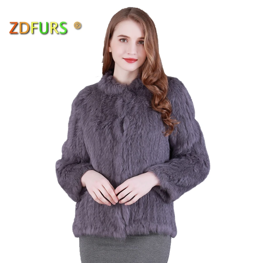 ZDFURS* New Genuine Rabbit Fur Coat Fashion Women knit Rabbit Fur Jacket Winter Warm Rabbit Fur Outwear ZDKR-165027