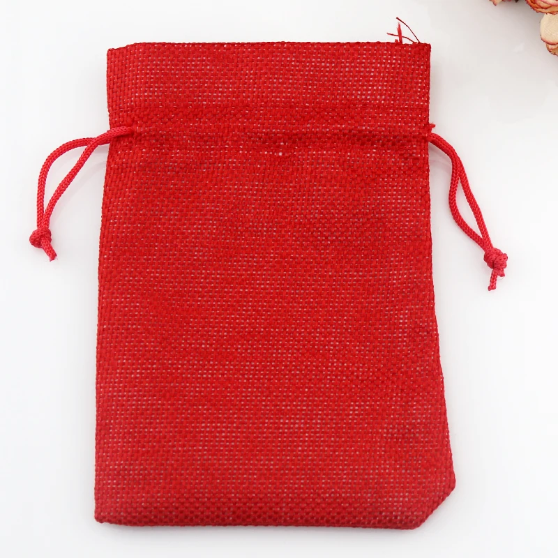 10PCS 7x9CM Small Drawstring Linen Bag Red Jewelry Gift Jute Bag For Storage Wedding Decor Packaging Bags Can Customize Logo