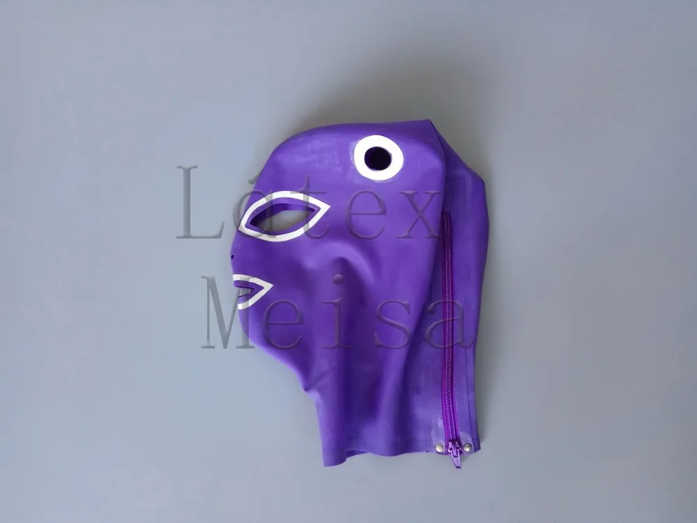 Zentai latex hoods open eyes nostrils mouth and hair holes in purple color with back zip for adults