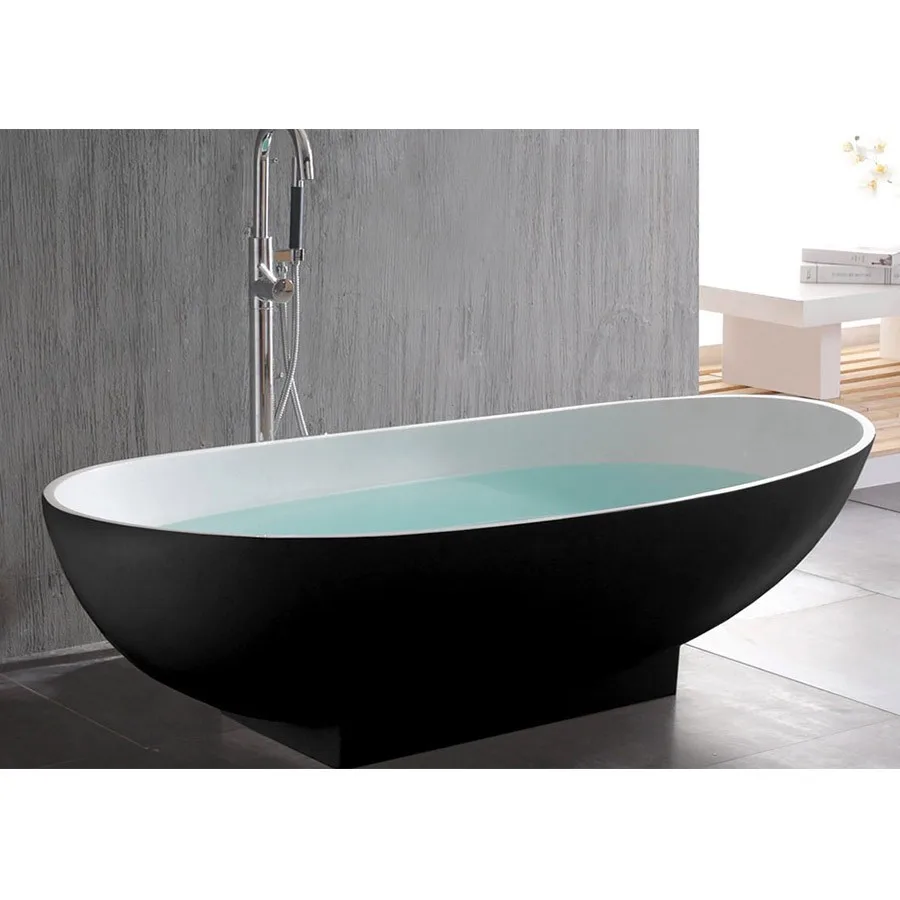 

1800 X 820 X 540 MM PAZZO STONE SOLID SURFACE FREESTANDING BATHTUB EXTERNAL BLACK INSIDE WHITE OVAL CORIAN SOAKING TUB 1005A