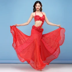 Red Women Dance Wear Oriental Style Flowers Maxi Skirts Sequins Belly Dance Costume 4pcs Set (Bra, Belt, Skirt & Sleeves)