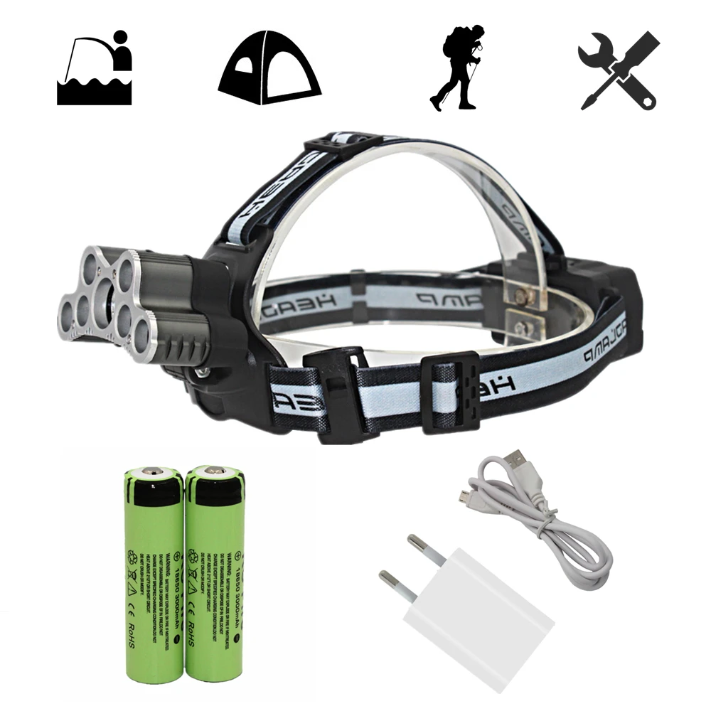 

Rechargeable Headlamp 5x T6 + 2x Q5 LED Tactical Headlight Head Lamp Camping Fishing Light + 18650 Battery + USB Charger