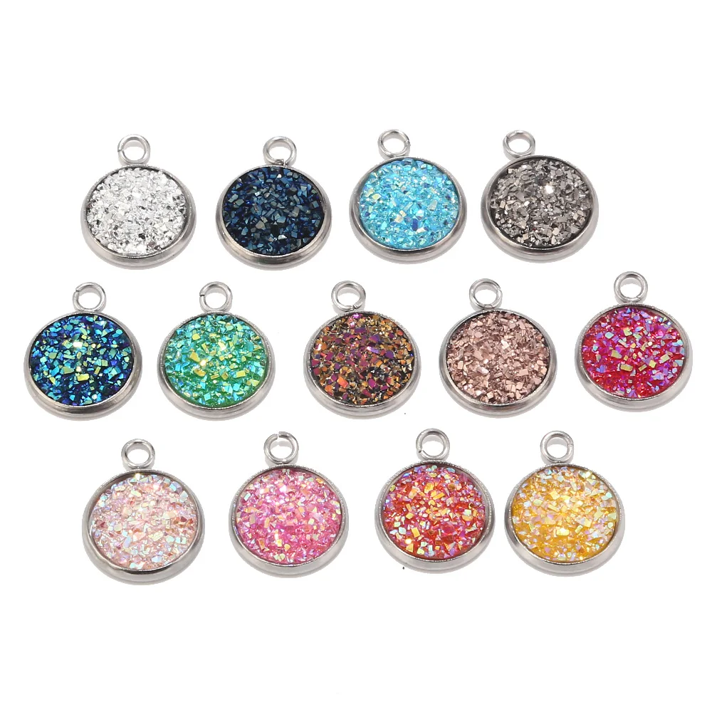 10pcs Druzy Charms 12mm Druzy Pendant Supplies Wholesale Bezel Charm Faux Druzy Stone Pendant Colourful Charm for DIY Jewelry