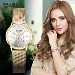 Megir-cronógrafo luminoso para mujer, indicador de fecha, correa de malla de acero inoxidable, relojes de pulsera de cuarzo, M2011L-1 de oro rosa