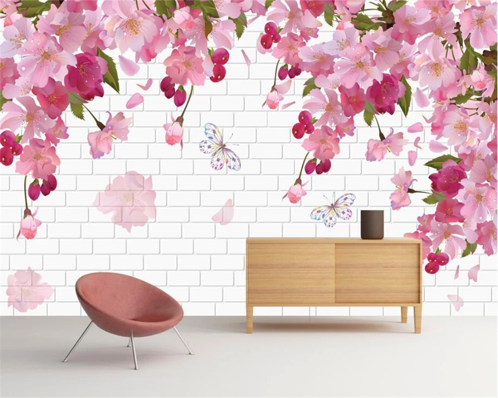 

Beibehang Custom wallpaper pink beautiful fantasy cherry 3D brick wall TV background wall living room bedroom mural 3d wallpaper