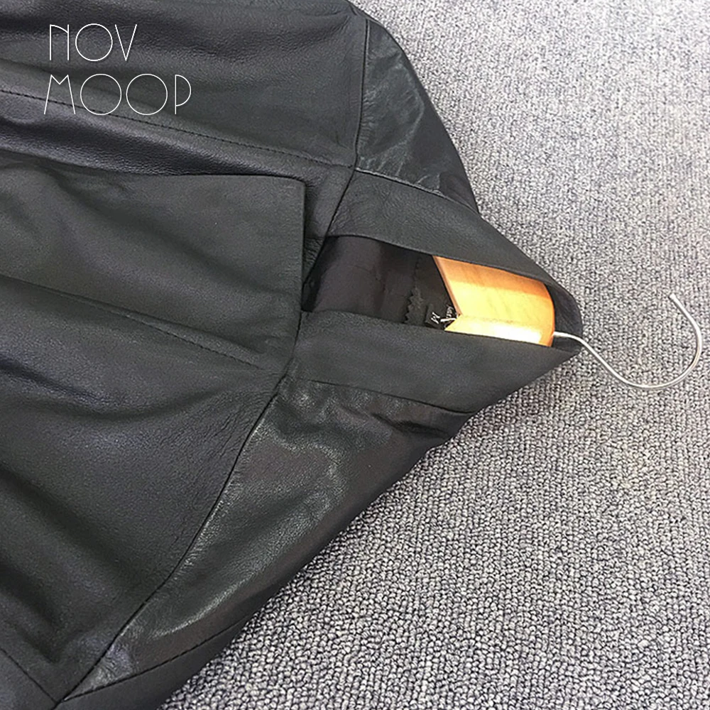Women black genuine leather corrected grain lambskin leather coats jacket tie waist elasticized rib knit panel at sleeve LT2477