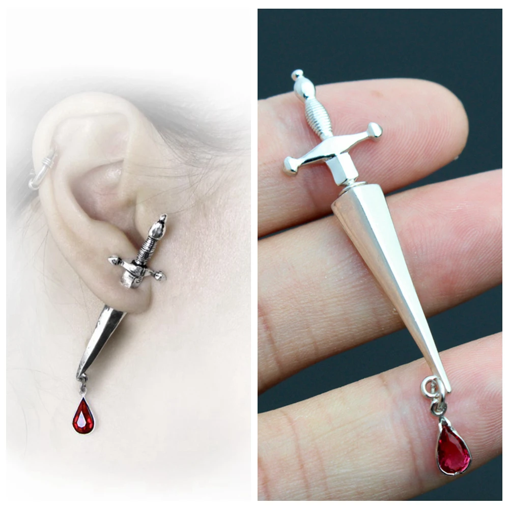 

925 Sterling Silver Cesare's Veto Sword Blood Red Gothic Stud Earring Jewelry