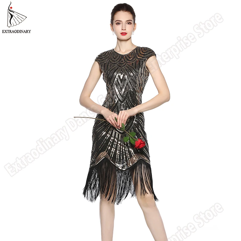 Womens 1920s Vintage Flapper Great Gatsby Party Dress V-Neck Sleeve Sequin Fringe Midi Dresses Summer Art Deco Embellished