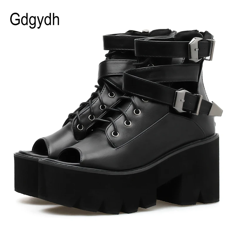 Gdgydh Open Toe Summer Boots Shoes Women Platform Shoes Ankle Buckle Strap Black Leather Female Footwear Chunky Heels Gothic