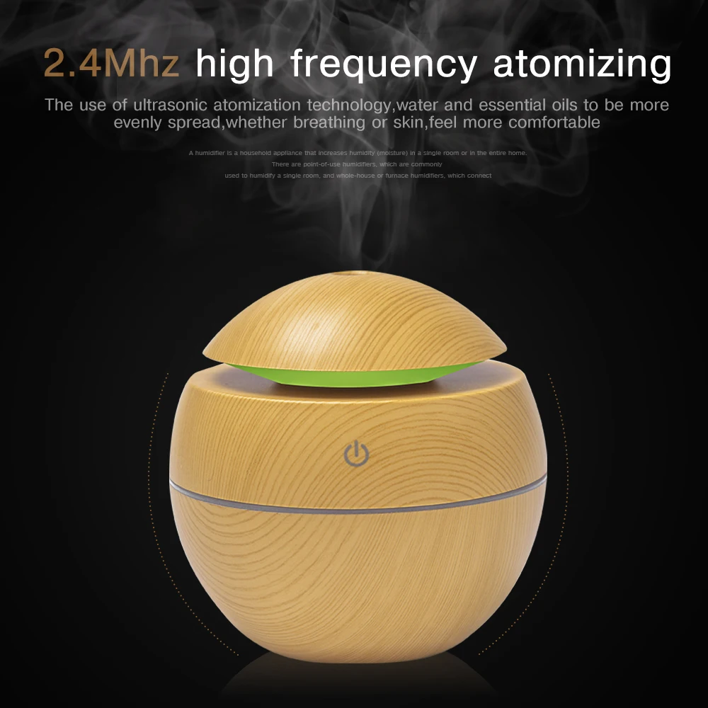 Humidificador de aire mini, difusor aromático ultrasónico USB, de madera de grano, 7 luces LED eléctricas, difusión de aceites esenciales para el