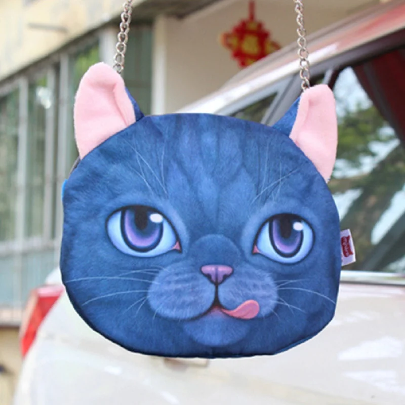 Creative Cartoon Cat Women Cosmetic Storage Bag Personality 3D Cute Animal Cat Head Shoulder Handbags With Chain