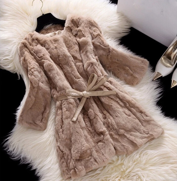 Hot sale real rabbit fur coat medium-long slim o-neck rex rabbit fur coat jackets for women winter