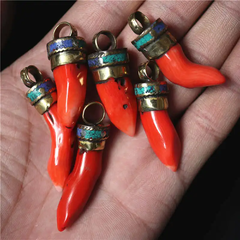 TBP635 Nepal Brass Capped Dyed Bamboo Coral Nuggets Chili Hot Pepper Pendants