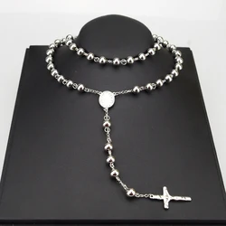 AMUMIU 8mm Classic Rosary Beads chain Cross Religious Catholic Stainless Steel Necklace Women's Men's Wholesale HZN080