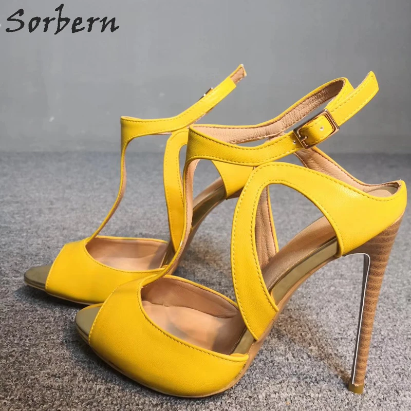 

Sorbern Yellow High Heel Sandals T-Strap Peep Toe Stilettos Summer Shoes Plus Size 2019 Womens Sandal New Customized Multi Color