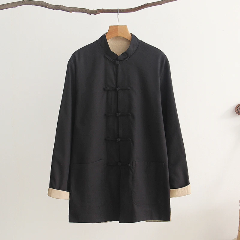 Reversible Autumn New Cotton Linen Chinese Traditional Men Long Sleeve Kung Fu Jacket Coat Tai Chi Uniform Clothing M-4XL