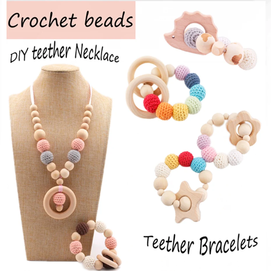 15pcs 20mm Wooden Crochet Bead Baby Teether For Pacifier Chain Wooden Baby Gym Toys Teething Bracelet Newborn Gifts Baby Product