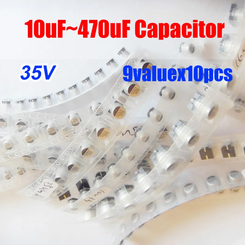 Free Ship 9valuesX10pcs=90pcs SMD 35V 10uf~470uf Aluminum Electrolytic Capacitor Assortment Kit Pack for Computer Motherboard