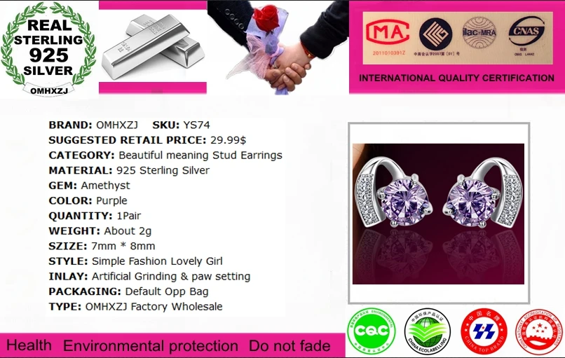 OMHXZJ WHOLESALE Fashion woman girl jewelry Good pleasure Amethyst drill REAL S925 STERLING SILVER STUD EARRINGS YS74