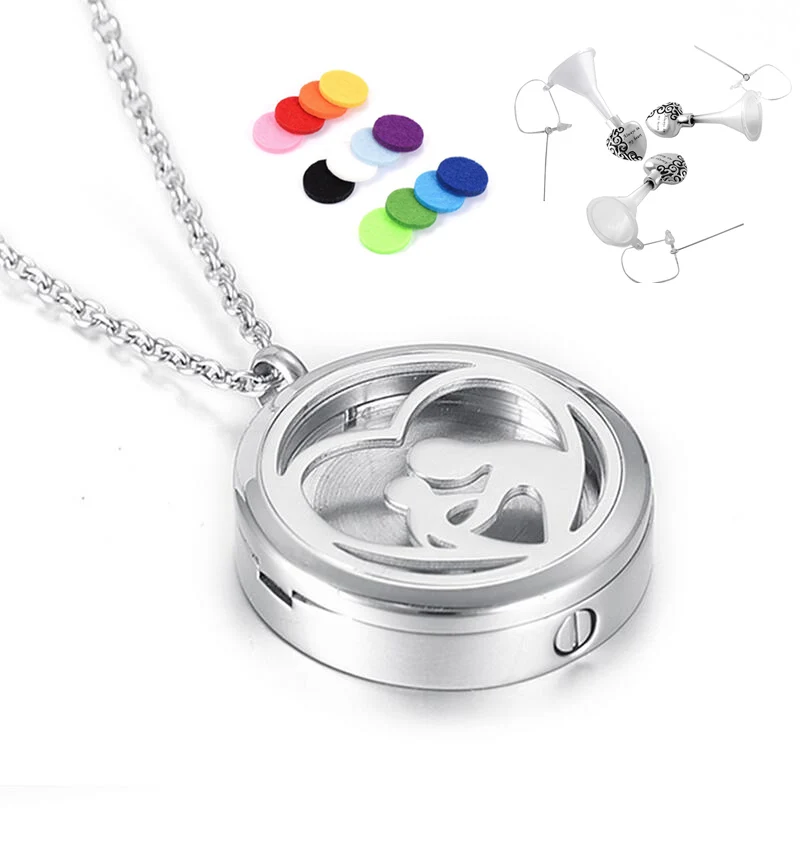 IJX007 (Can Put the photo ) 30mm Stainless Steel Round Memorial Urn Locket Jewelry Mother&Child Heart Cremation Pendant For Ash