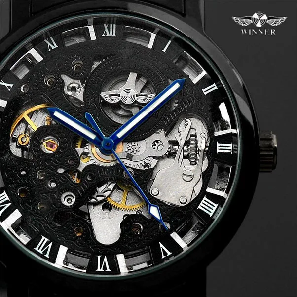 Vincitore Steampunk trasparente Montre Homme orologio da uomo casual retrò nero orologio meccanico scheletro in acciaio pieno di lusso delle migliori marche