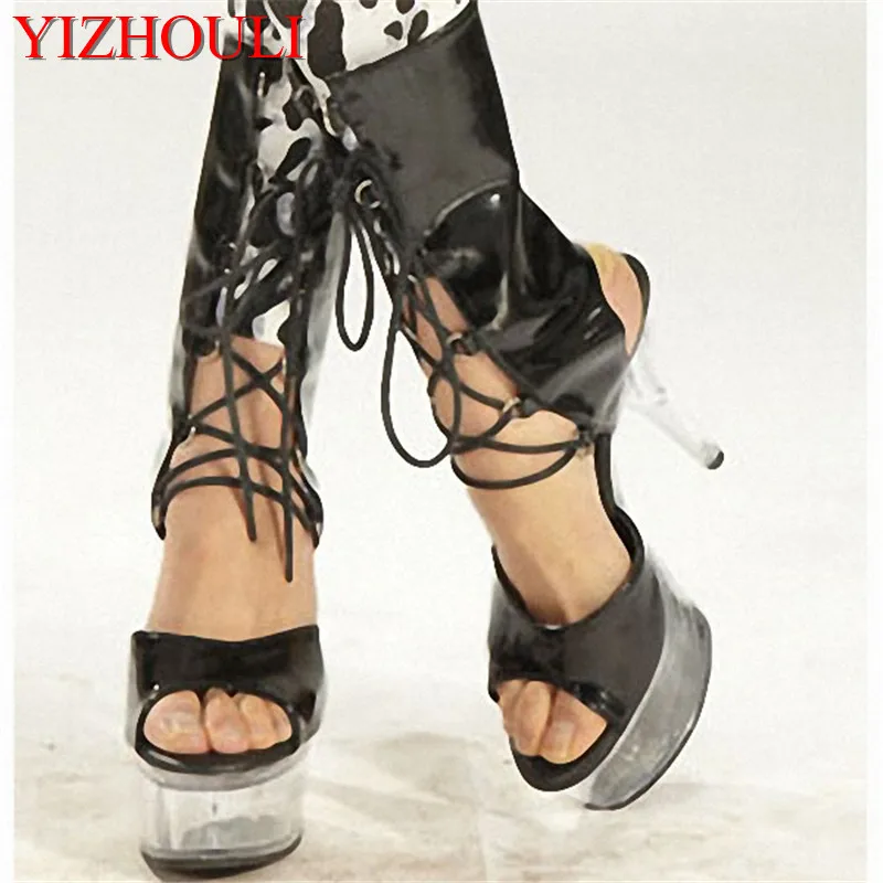 

15cm high heels/low tube stage banquet using ankle boots shoes, model pole dancing show transparent soles, ankle boots