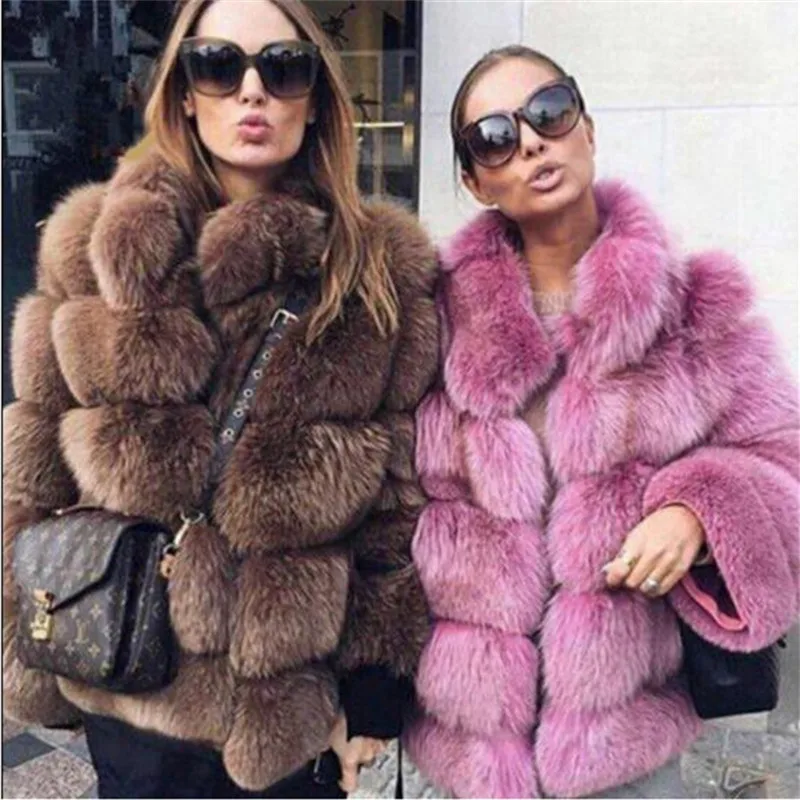 BINYUXD High Quality Thicken Pink Faux Fur Coat Women Plus Size Stand Collar Long Sleeve Faux Fur Jacket gilet fourrure bontjas