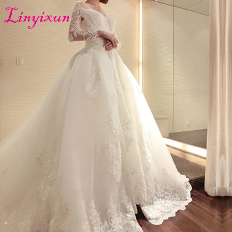 Luxury Lace Wedding Dresses 2021 with Detachable Train New Arrival Long Sleeve Sweetheart Beaded Appliques Bridal Dress Gown