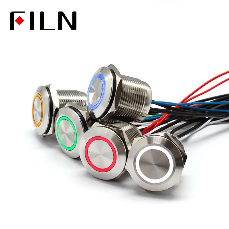 FILN-Interruptor de Botão Momentâneo de Metal Impermeável, Aço Inoxidável com Fio, Tri Cor, IP68, Redondo Plano, 19mm, 12V