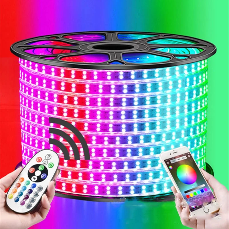 1-12M Double Row RGB LED Strip 96LEDs/M 5050 220V Color Change Light Tape IP67 Waterproof LED Rope Light +IR Bluetooth Control