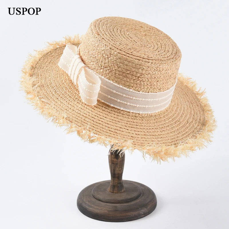 

USPOP Fashion summer hats for women raffia wide brim sun hats rough edges flat top bow beach hats