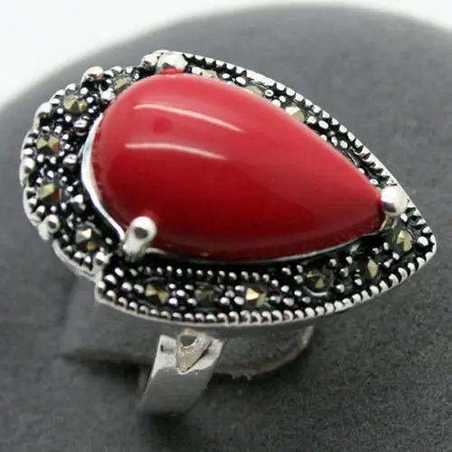 good Bridal Wedding fashion design Elegant 925  15*23mm Red Coral e Marcasite Ring Size 7/8/9/10 natural Luxury Ms. girl 