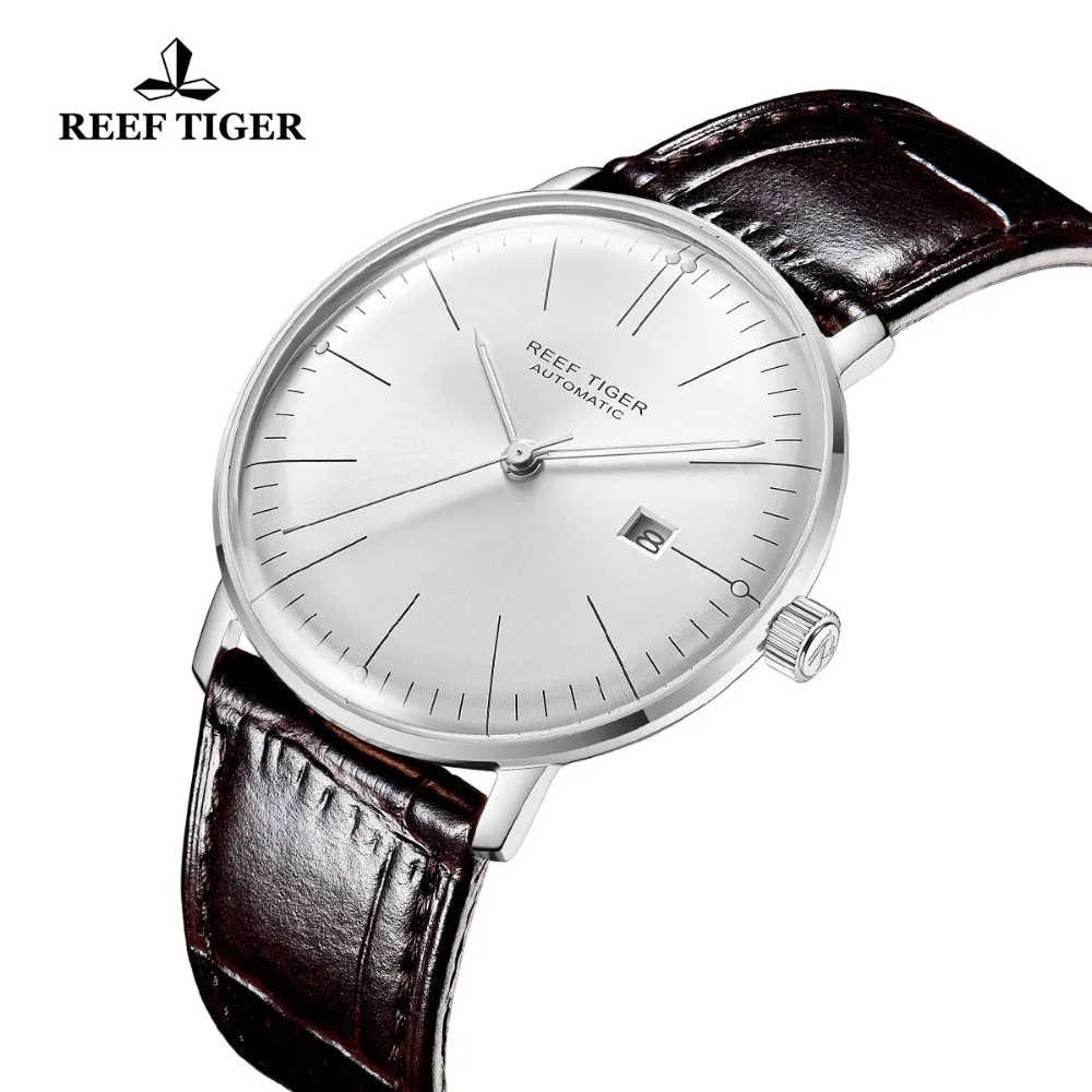 Imagem -03 - Reef Tiger Rt-relógio Masculino Ultrafino Pulseira de Couro Marrom à Prova Dágua 2023