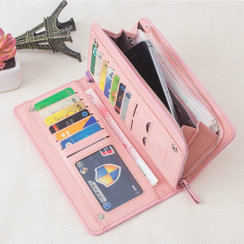 Large Capacity Long Purse Women Leather Wallet With Zipper Coin Pocket Ladies Credit Card Holder Phone Organizer Clutch Bag