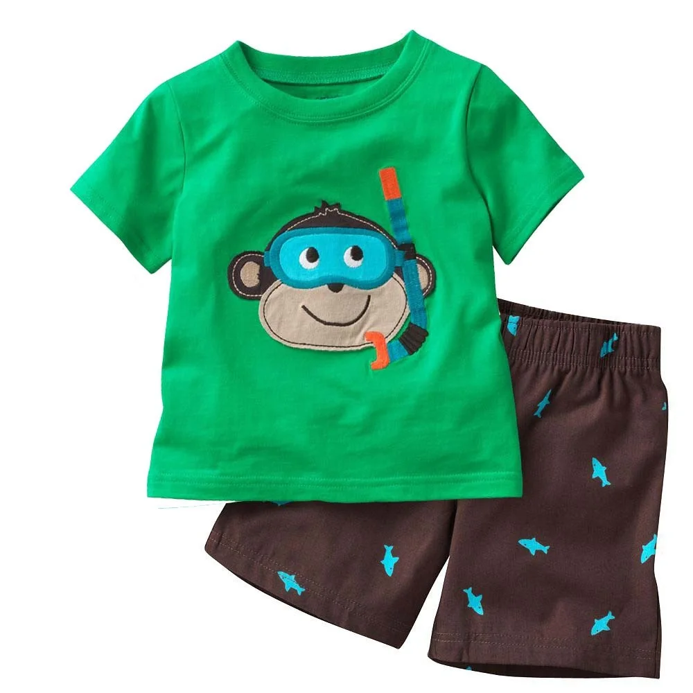 Hooyi Diving Monkey Baby Boy Pajamas Clothes Sets 100% Cotton Cartoon Kids Home Wear 2 3 4 5 6 7 Year Children Tee Shirts Shorts