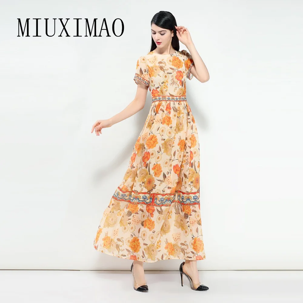 

MIUXIMAO 2023 Spring & Summer Dress Elegant O-Neck Short Sleeve Flower Print Ankle-Length Long Dress Women Vestides