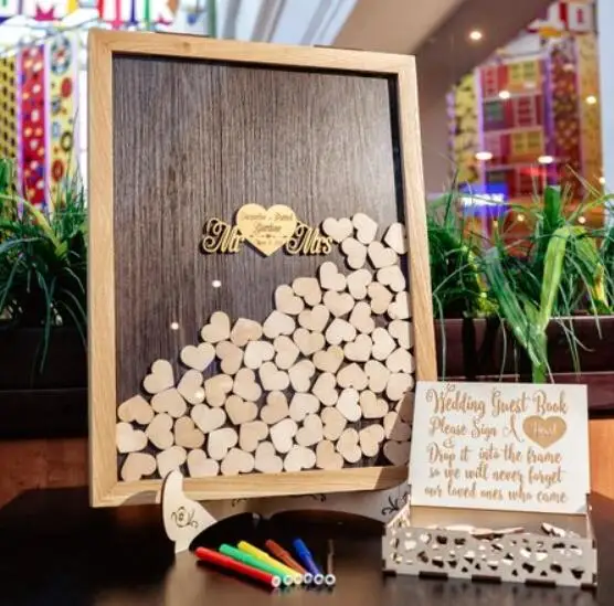 

personalize names date wooden Wedding Classic Guest Book, Elegant Drop Box with hearts, customize Mr&Mrs Guest Book Alternative