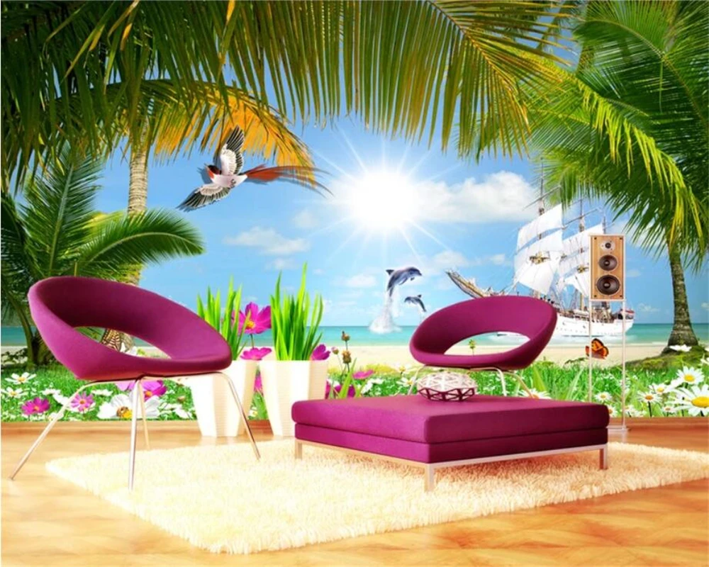 

Beibehang Custom wallpaper island coconut palm sunshine coast landscape TV sofa background wall decoration mural 3d wallpaper